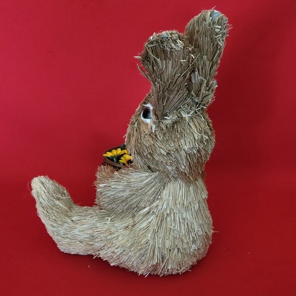 Sisal Bunny Rabbit Holding a Basket of Sunflowers Green Ribbon Decor Figure East - Picture 13 of 13